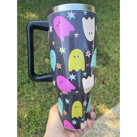 Halloween Pastel Ghost Stainless Insulated 40oz Tumbler Handle Lid Straw - Picture 7 of 8